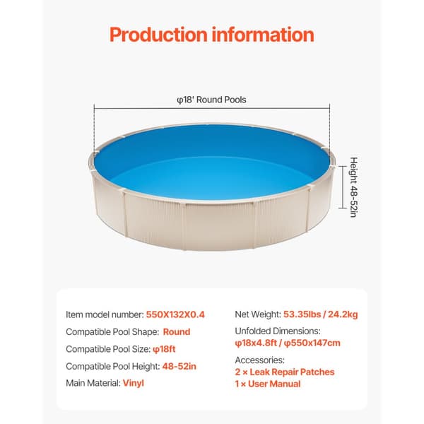 Rund Pool Liner 18ft, Overlap Pool Liner 52in, Solid Farve, Væghøjde