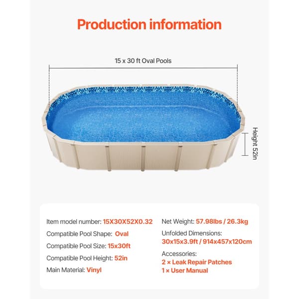 Oval Pool Liner 15x30ft, Unibead Stil Pool Liner, 52in Væg Højde