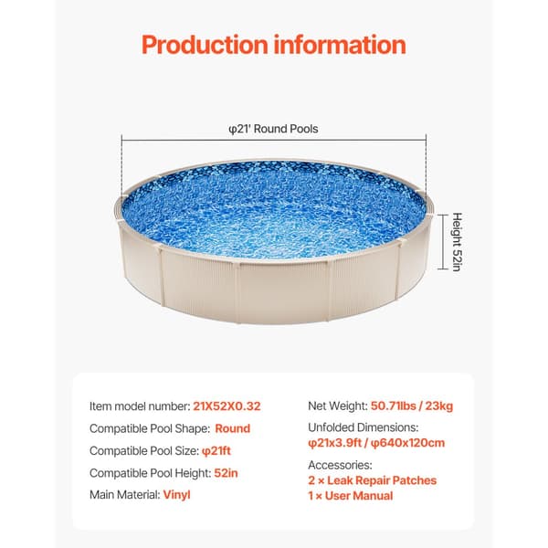 Rund Pool Liner 21ft, Unibead Stil, 52in væghøjde, højkvalitets materiale, lang levetid