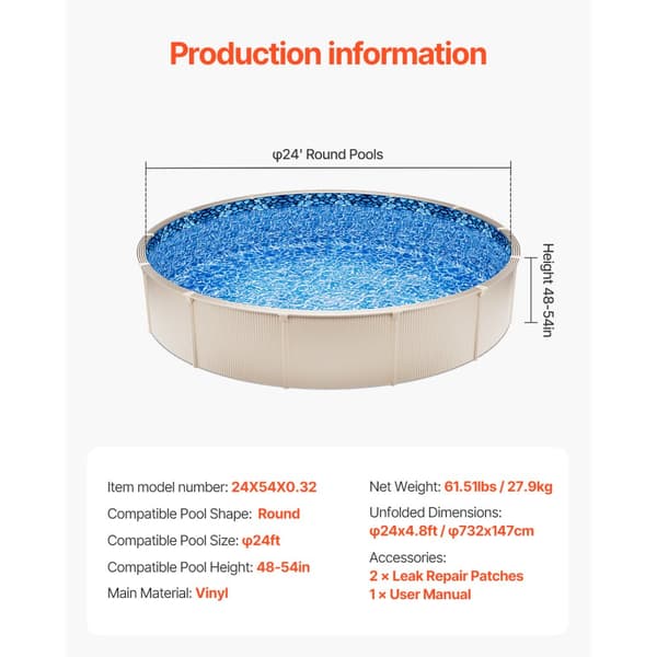 Rund Pool Liner 24ft, Overlap Style Pool Liner, 54in væghøjde