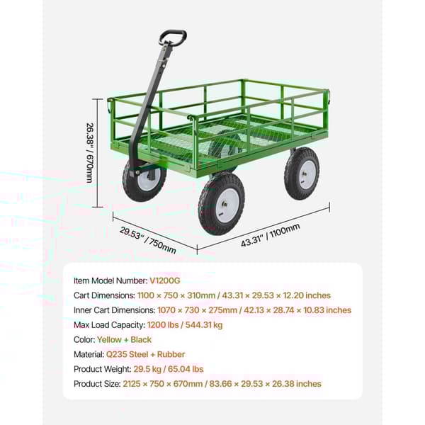 Stålträdgårdsvagn, 1200lbs Kapacitet, Heavy Duty Vagn med 13-tums däck