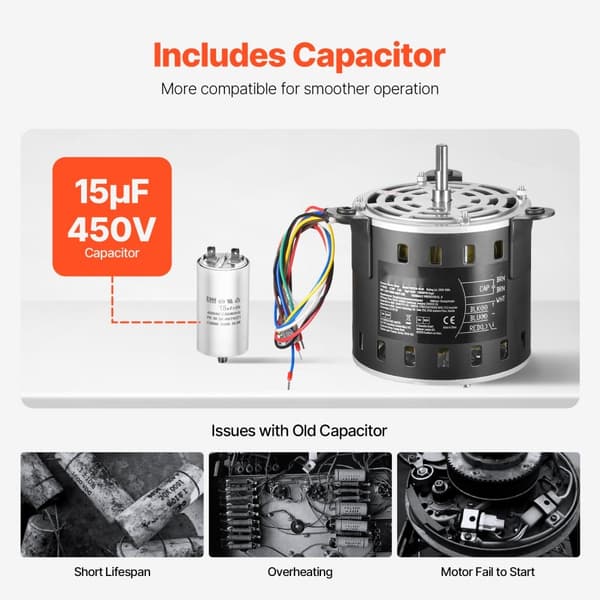 Ovnblæsermotor 1/2HK, 220V, 2,6A, 1300RPM, 3 hastigheder, 15μF/450V kondensator, høj effektivitet, slidstærk konstruktion