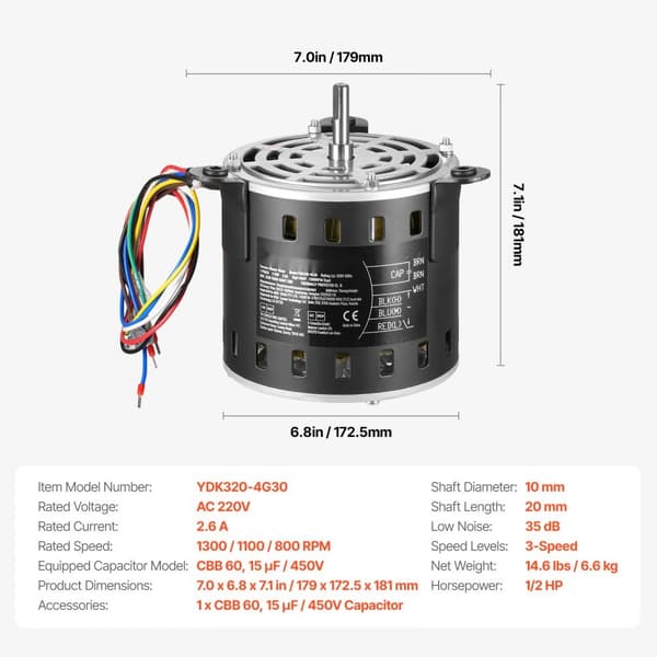Ovnblæsermotor 1/2HK, 220V, 2,6A, 1300RPM, 3 hastigheder, 15μF/450V kondensator, høj effektivitet, slidstærk konstruktion