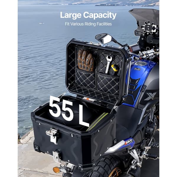 55L Motorcykel Top Case, Universal Tail Box, Læderforing, robust design, vandafvisende, nem montering