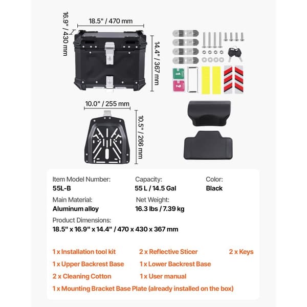 55L Motorcykel Top Case, Universal Tail Box, Læderforing, robust design, vandafvisende, nem montering