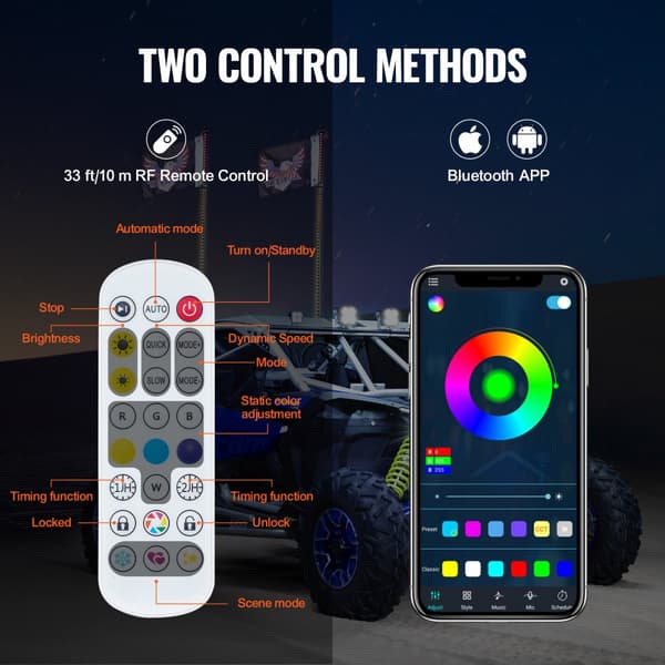 LED Piskelys 2 STK 3FT RGB Antenne Lys, Fjernbetjening, App-styret, perfekt til ATV, UTV og RZR