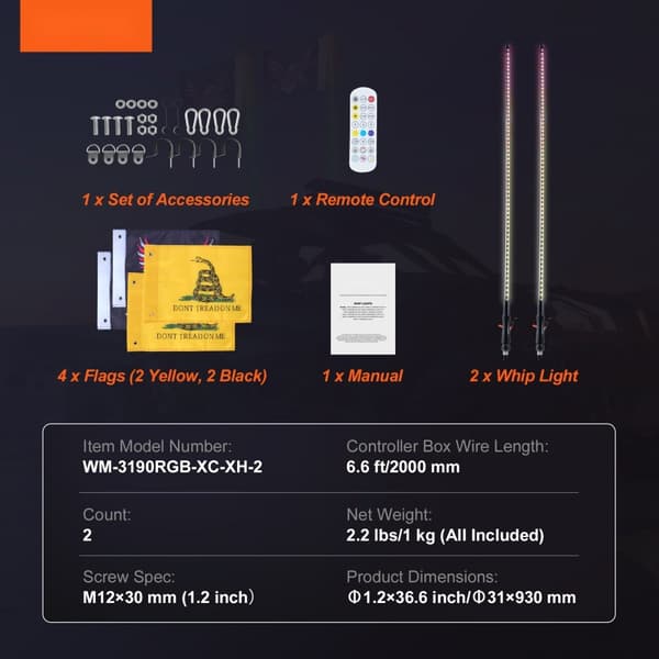 LED Piskelys 2 STK 3FT RGB Antenne Lys, Fjernbetjening, App-styret, perfekt til ATV, UTV og RZR