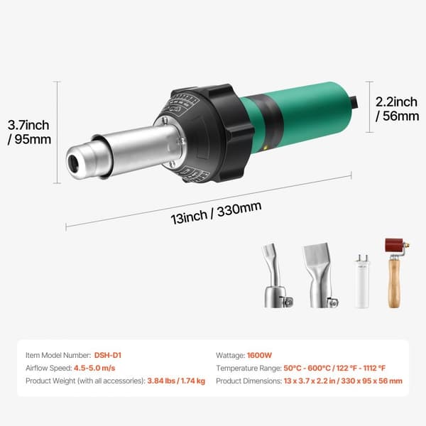 Varmluft Plastsvejser 1600W, PVC TPO Vinyl varmepistol, med 4 tilbehør, effektiv og brugervenlig varmepistol