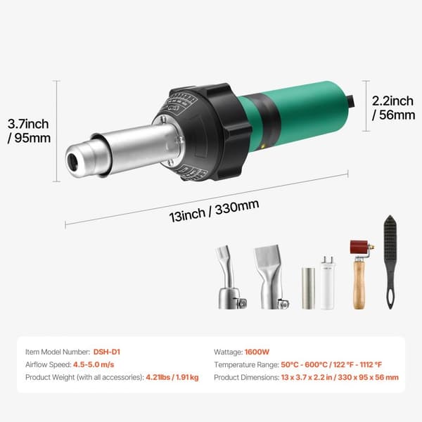 Varmluftsplastsvejser 1600W, PVC TPO Vinyl, 5 tilbehør, lommelygte, kraftfuld og alsidig varmepistol