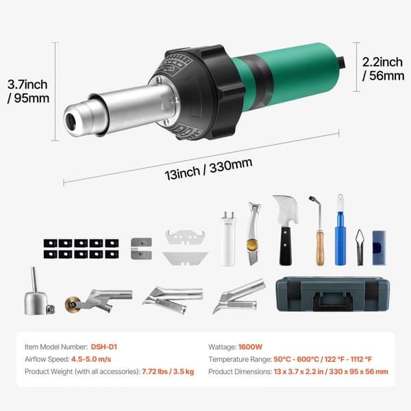 Varmluftsplastsvejser 1600W, PVC TPO Vinyl varmepistol, kraftfuld fakkel med 14 tilbehør, ideel til reparation og DIY-projekter
