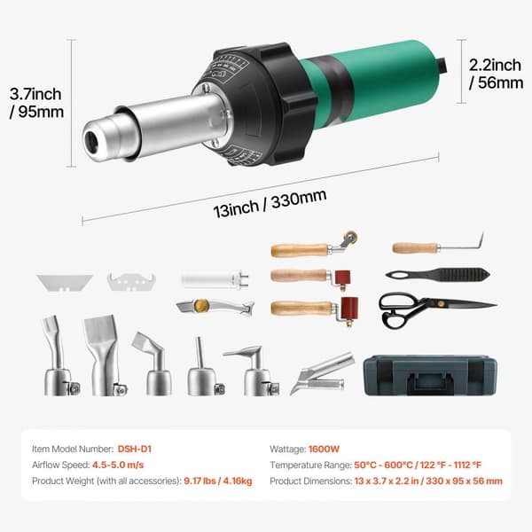 Varmluftsplastsvejser 1600W, PVC TPO Vinyl varmepistol, 17 tilbehør, alsidig anvendelse, justerbar temperatur, hurtig opvarmning