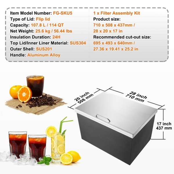 28x20x17 Drop in Ice Chest - Teräksenrustumaton jääjäähdytin Kylmälaatikko, sisäänrakennettu jääkaappi ja kansi