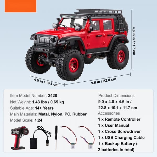 Kaukosäädettävä Auto, 1:24 Mittakaava, 4WD-Maastoauto Lapsille, Täysi Valaistus