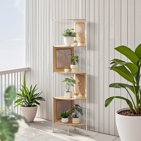 Rattan Hjørne Bogreol, 5-Tiers Bambus Stige, Pladsbesparende Væg Stativ, Smalt Design, Stilfuld Opbevaring