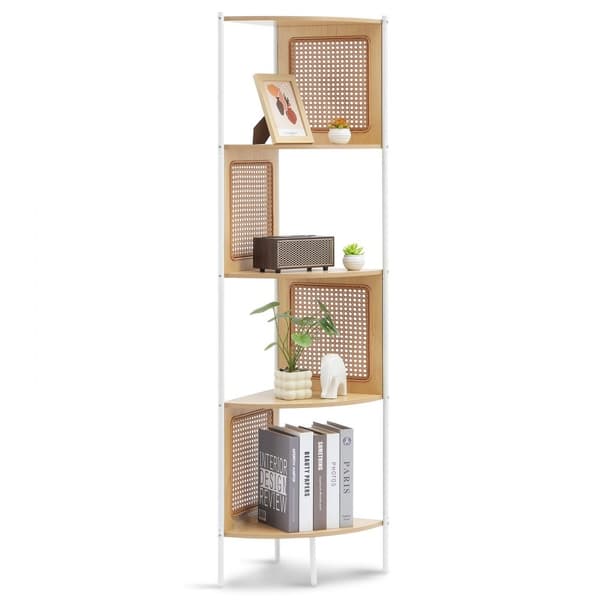 Rottinkinen Kulmakirjahylly, 5-Kerroksinen Bambutikkaat, Kapea Seinäkulmateline, Kestävä ja Tilaa Säästävä