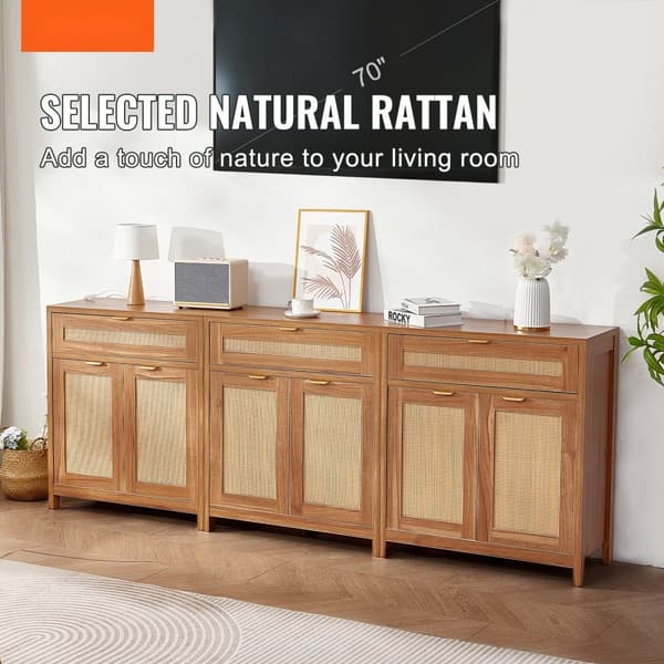 Rattan skab, 6 døre, 3 skuffer, justerbare hylder, sæt med 3, naturlig farve, stilfuldt opbevaringsmøbel