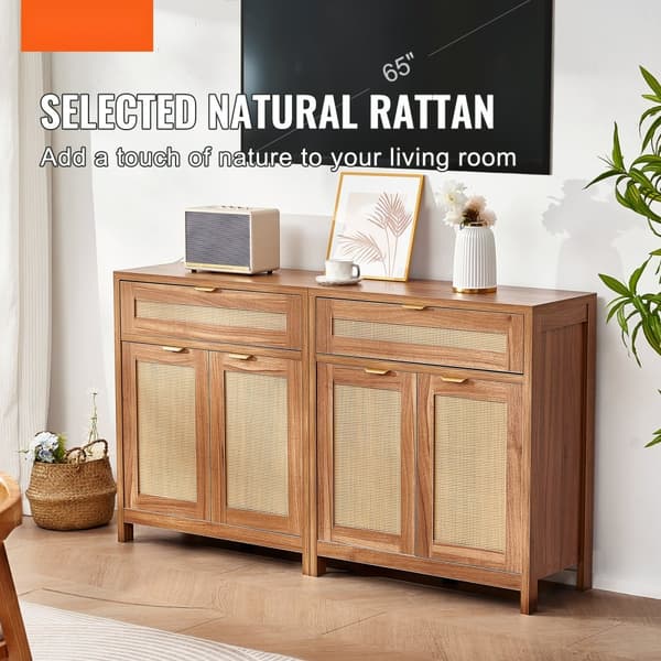 Rottingskåp med 4 Dörrar, 2 Lådor Modell, Justerbara hyllor, Set om 2, Naturlig Färg