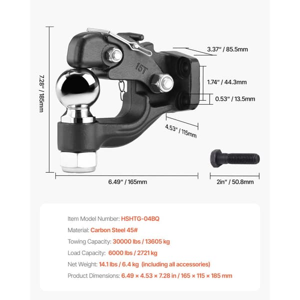 Pintle Hitch 2-5/16 Bollmontering, för 2,5-3 Lunette Ring, Lastkapacitet 30000 lbs