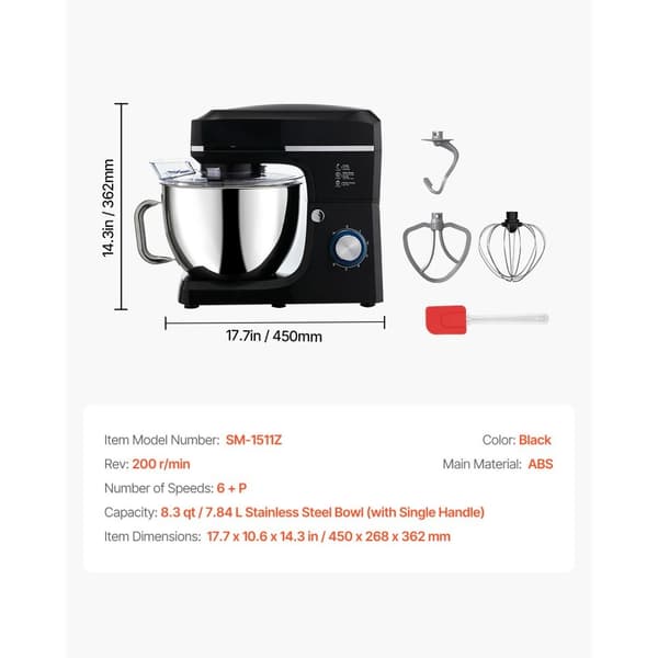 Ståmixer 8,3 QT, Elektrisk Degblandare 1400W, 6+ Hastigheter, Matvisp