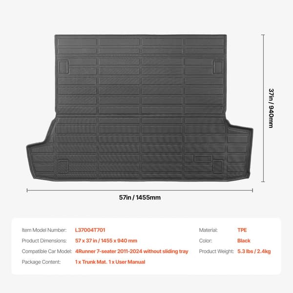 Cargo Mat, All Weather TPE, Skræddersyet Passform til Toyota 4Runner 7-sæder, 2010-2026, Vandtæt, Slidstærk, Let at rengøre