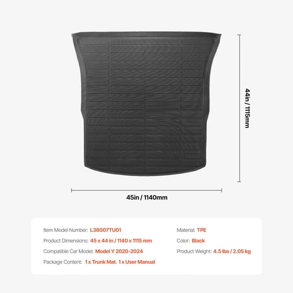 Cargo Mat, All Weather TPE, Custom Fit til Tesla Model Y 2020-2024, slidstærk, vandafvisende, skridsikker design