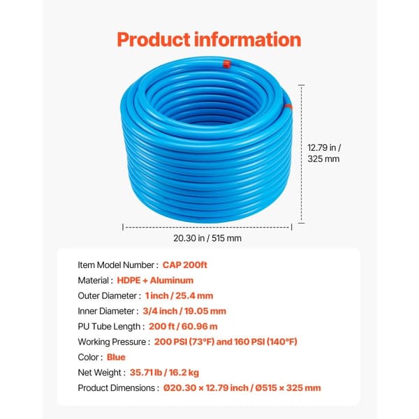 Luftkompressor Sæt, 3/4'' x 200FT HDPE-Aluminium, Luftrørsystem, høj kvalitet, fleksibel og holdbar, nem installation
