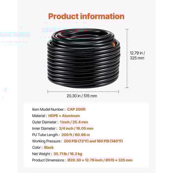 Luftkompressor Linjesæt 3/4'' x 200FT PU, Robust og fleksibel slange, Perfekt til professionel brug, holdbar og nem at installere