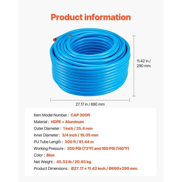 Ilmakompressori Linjasto 3/4 x 300FT, HDPE/alumiini ilmaputkijärjestelmä, sininen