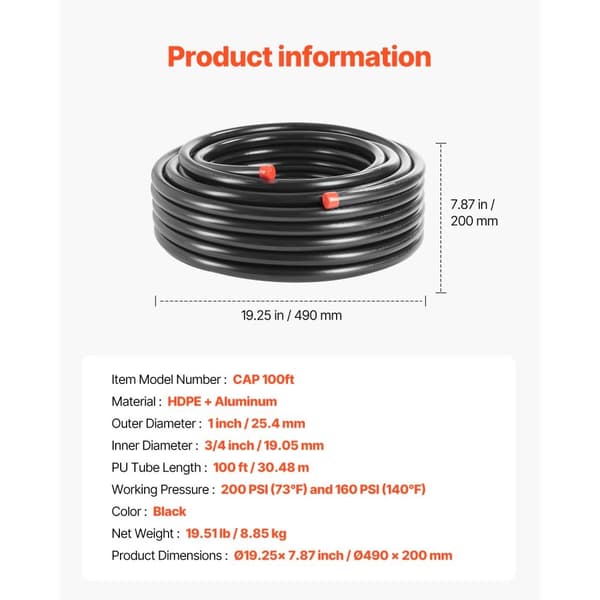 Luftpumpe Linjesæt 3/4 '' x 100FT PU, Professionel Kompressor System, Slidstærkt, Fleksibelt, Modstandsdygtigt over for Temperaturændringer