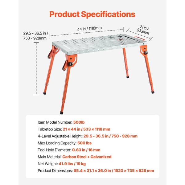 Svejsebord 44 x 21 500LBS, Sammenfoldelig arbejdsbænk, 4-niveau justerbar højde, robust og pladsbesparende design