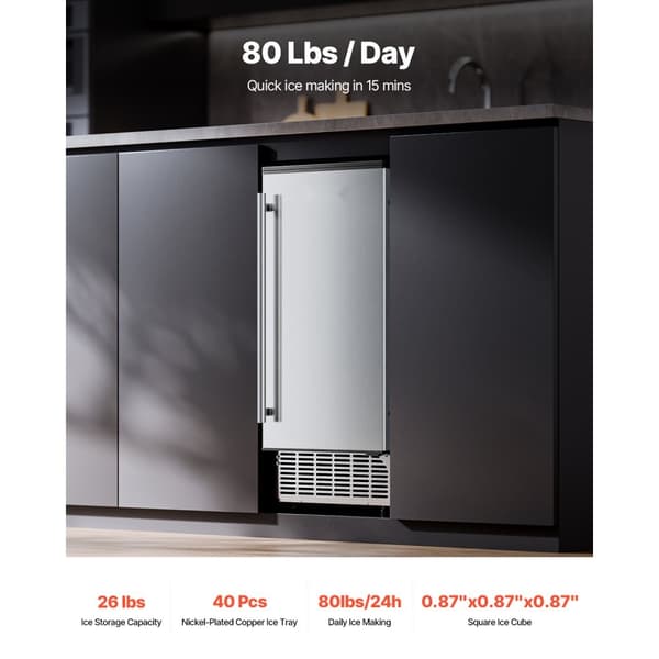 Indbygget ismaskine underbord, 80 lbs/dag, med afløbspumpe, vendbar dør, kompakt design, energieffektiv