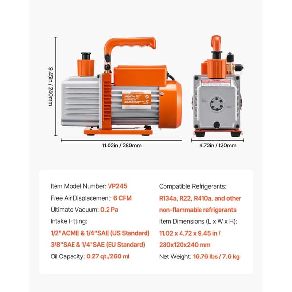 Vakuumpumpe 6 CFM, 2-trins roterende, effektiv HVAC med inkluderet olie, perfekt til køleservice og reparationer