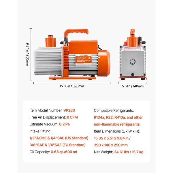 Tyhjiöpumppu 9 CFM, HVAC 2-vaiheinen pyöriväsiipipumppu, öljy mukana