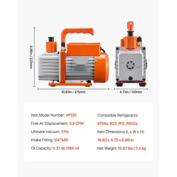 3.5 CFM HVAC Roterende Vingevakuumpumpe, Enkeltskridt, Komplet Manifoldmåler Sæt, Høj effektivitet, Nem anvendelse