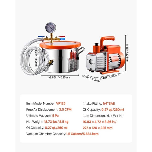 Vakuumkammer 1,5 gallon, 3,5CFM pumpe, enkelttrins, effektiv affugtning, ideel til hobbyprojekter, kommerciel brug