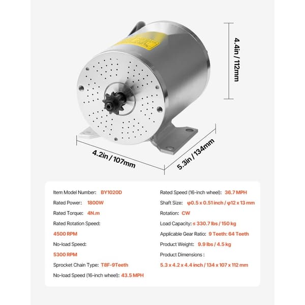 1800W elektrisk børsteløs DC-motor, 48V, 4500rpm, ideel til E-Bike og Dirt Bike, høj effektivitet, lang levetid