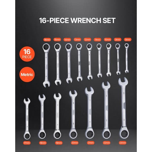 Kombinationsnøglesæt 16-delt, Metrisk 8 mm til 24 mm, Med organiseringsstativ, holdbar, ergonomisk design