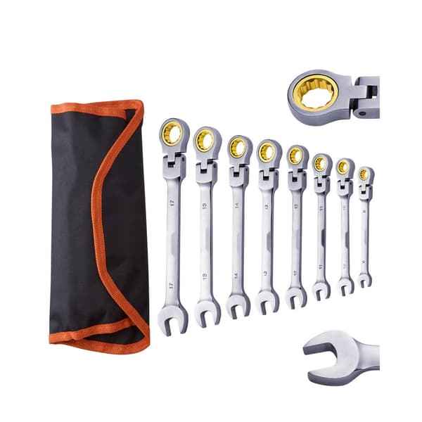 Flex-Head Skraldenøgle Sæt, 8 PC Metrisk 8 mm-17 mm, med Roll-up Taske, slidstærk og kompakt design