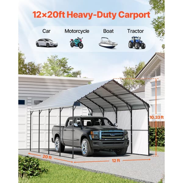 Metal Carport 12' x 20', Heavy Duty Udendørs Garage, Robust, Velegnet til både, Beskyttelse mod vejr og UV-stråler