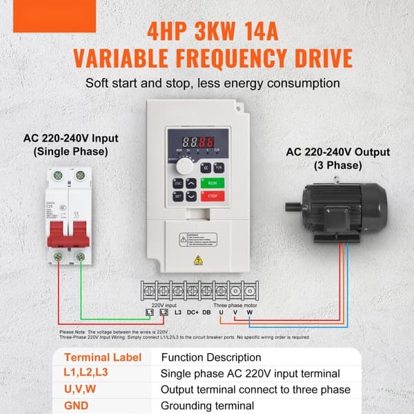 VFD 4HP 3KW Invertteri, 14A 1- tai 3-vaiheinen AC 220V -tulo, 3-vaiheiseen AC 0-220V -lähtöön, Tehokas ja Monipuolinen