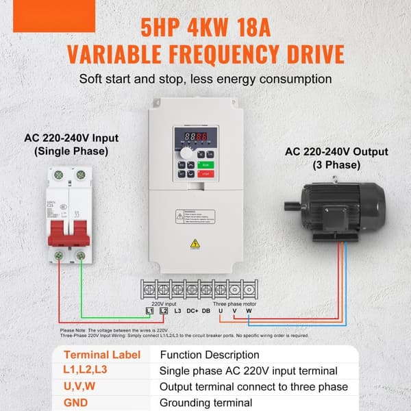 VFD Invertteri 5HP 4KW 18A, 1- tai 3-vaiheinen AC 220V tulo, 3-vaiheinen AC 0-220V lähtö