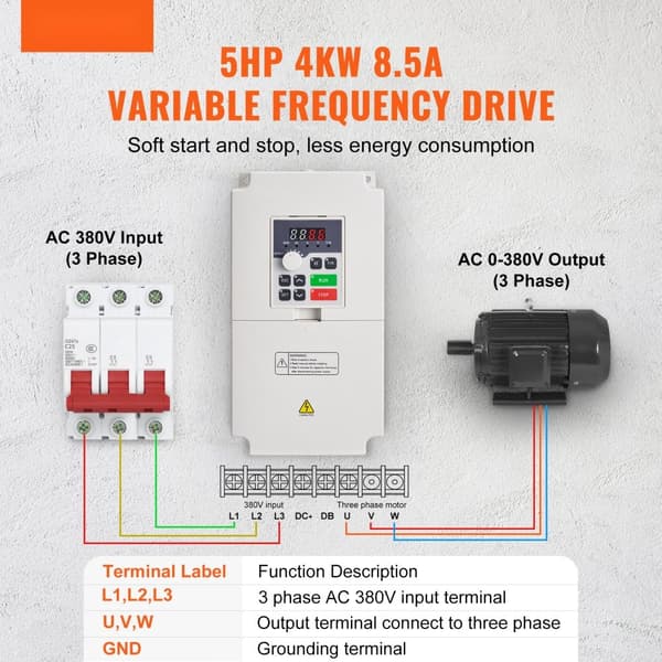 VFD 5HP 4KW, 3-faset AC 380V, Indgang til 3-faset 0-380V, 0-2000Hz, energieffektiv motorstyring
