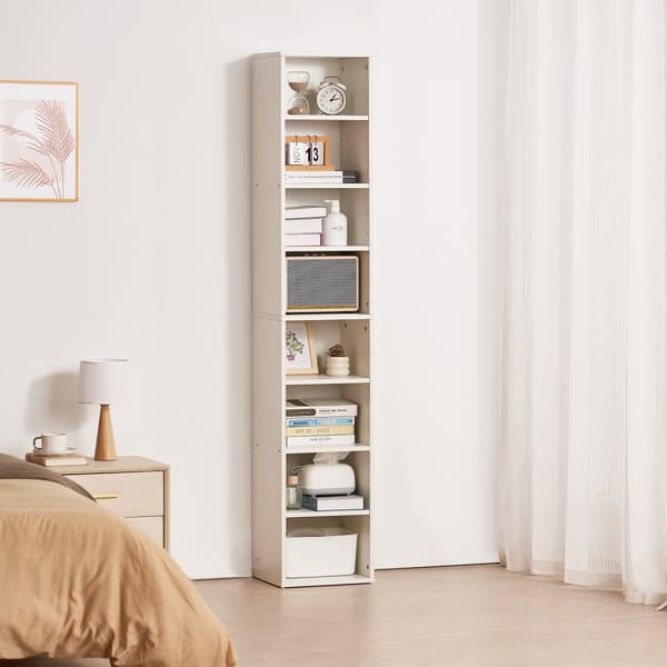 8-våningars smal bokhylla, 71 tum, trä, öppen design, justerbara hyllor, vit