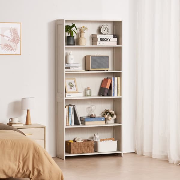 Bred bogreol 5 etager, 68 fritstående, hvidt træ, moderne design, pladsbesparende og holdbar opbevaring