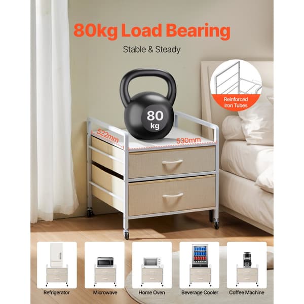 Mini Kylskåp Bord, Förvaringsställ, Vit , 2 lådor, Kapacitet 176 lbs