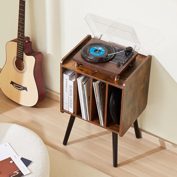 Pladespillerstativ, 2-etagers træt vinylholder, plads til op til 100 albums, brun, stilfuldt design, robust konstruktion