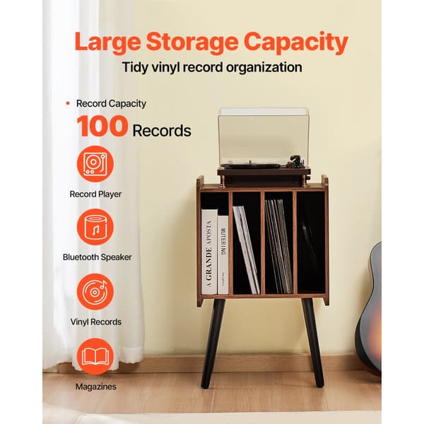 Pladespillerstativ, 2-etagers træt vinylholder, plads til op til 100 albums, brun, stilfuldt design, robust konstruktion