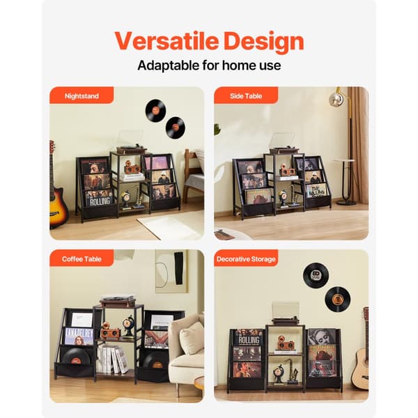 3-Tiers Pladespiller Stand, Metal Vinyl Plade Stand, Kapacitet op til 280 Album, Stilren Sort
