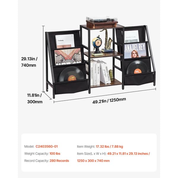 3-Tiers Pladespiller Stand, Metal Vinyl Plade Stand, Kapacitet op til 280 Album, Stilren Sort