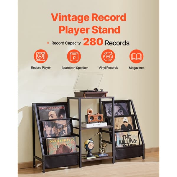 3-Tiers Pladespiller Stand, Metal Vinyl Plade Stand, Kapacitet op til 280 Album, Stilren Sort